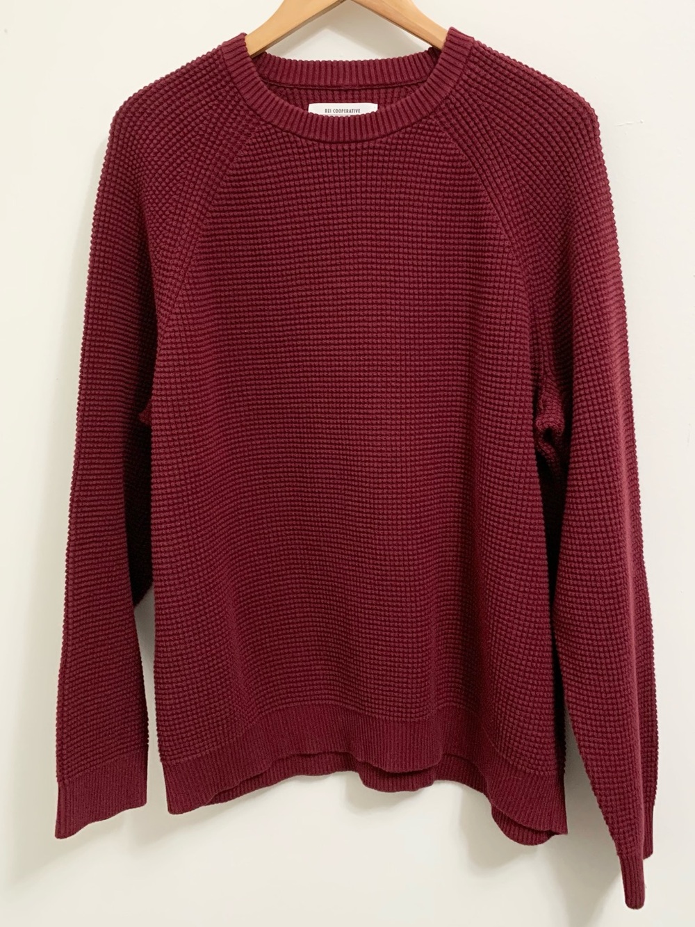 REI Waffle Knit Crewneck Sweater Dark Red Burgundy 100% Cotton MENS L